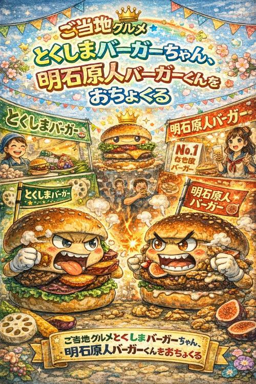 ご当地グルメとくしまバーガーちゃん、明石原人バーガーくんをおちょくる